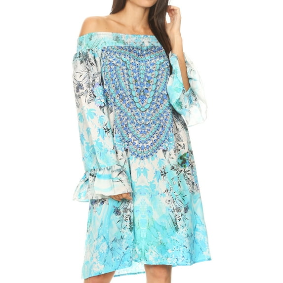 Sakkas Riza Women's Off Shoulder Long Sleeve Tunic Shirt Short Dress with Print - FTU294-Turq - One Size Regular