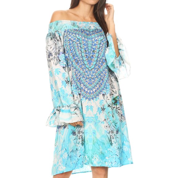 Sakkas Riza Women's Off Shoulder Long Sleeve Tunic Shirt Short Dress with Print - FTU294-Turq - One Size Regular