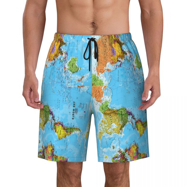 Men Board Shorts World Map Y2K Funny Swimming Trunks Colorful Geographic Quick Dry Trendy Large Size Beach Shorts