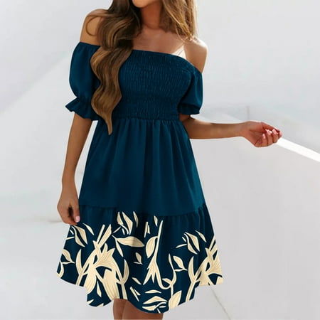

Moxiu Wedding Guest Dresses for Women Short Sleeve Print Crewneck Dress Vintage Dresses Loose Fit Mother of The Bride Dresses