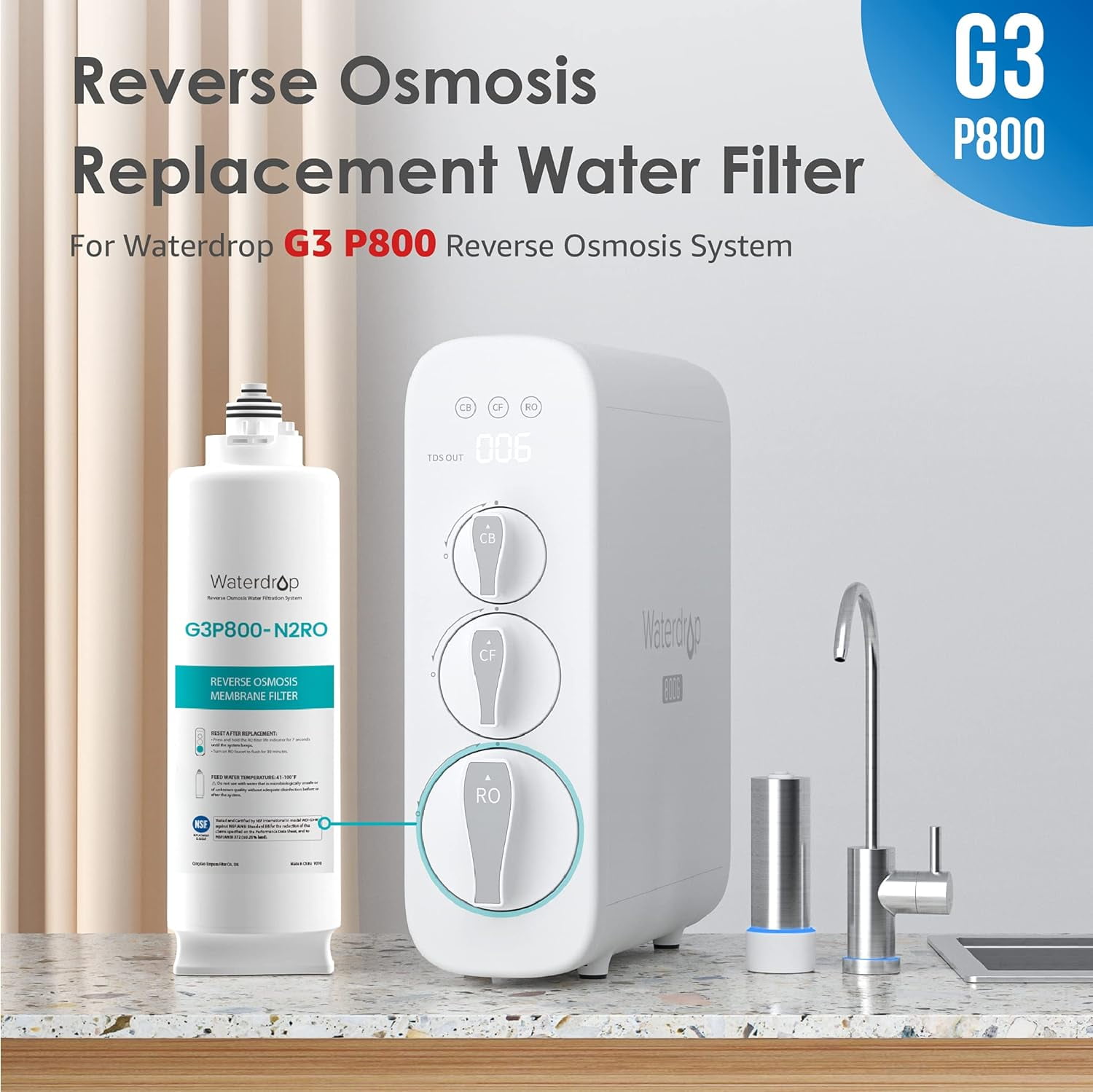 Waterdrop G3P800 Reverse Osmosis System, 800 GPD Fast Flow, 3:1 Pure to Drain, Tankless Under Sink RO Water Filter System, LED Purifier, with WD-G3P800-N2RO Replacement Filter