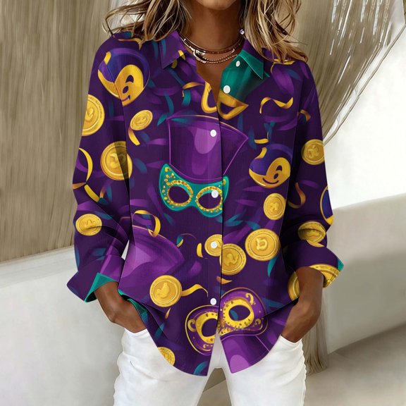 ClodeEU Womens Carnival Print Long Sleeve Shirt, Button Down Casual Holiday Top Purple 09,Womens Plus XL