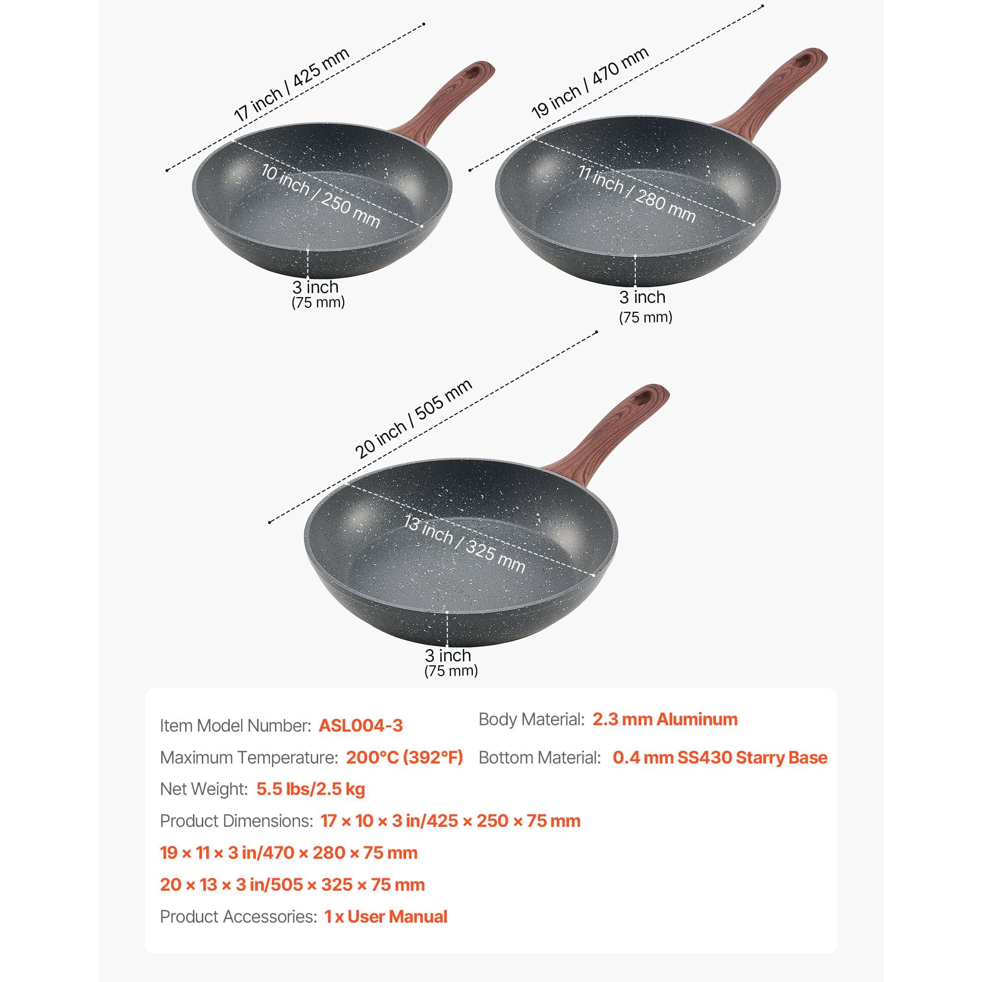 3-Piece Aluminum Skillet Set with Dot-Textured Nonstick Interior, 9.5/11/12 Inch, Bakelite Handle, Induction Compatible