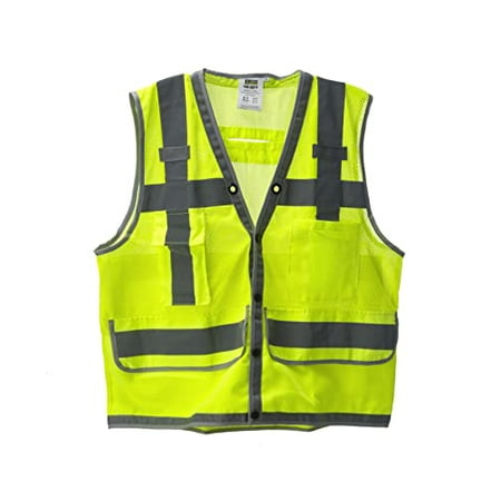 

Cordova VS296M Type R Class II Heavy Duty Lime Mesh Surveyors Vest Snap Closure 2-Inch Silver Reflective Stripes Gray Nylon Woven Trim Large Rear Tablet/Plans Snap Pocket Medium