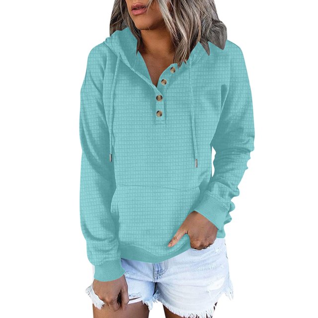 Dealovy Hoodies for Women Fall Loose Long Sleeve Solid Color Drop Shoulder Hooded Daily Button Sweatshirt with Pocket