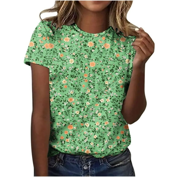 jtjvou Women's Summer Round Neck Tuinc Floral Tees Plus Size Going out Tops for Teen Short Sleeve Blouse Trendy Fashion Multicolor,L