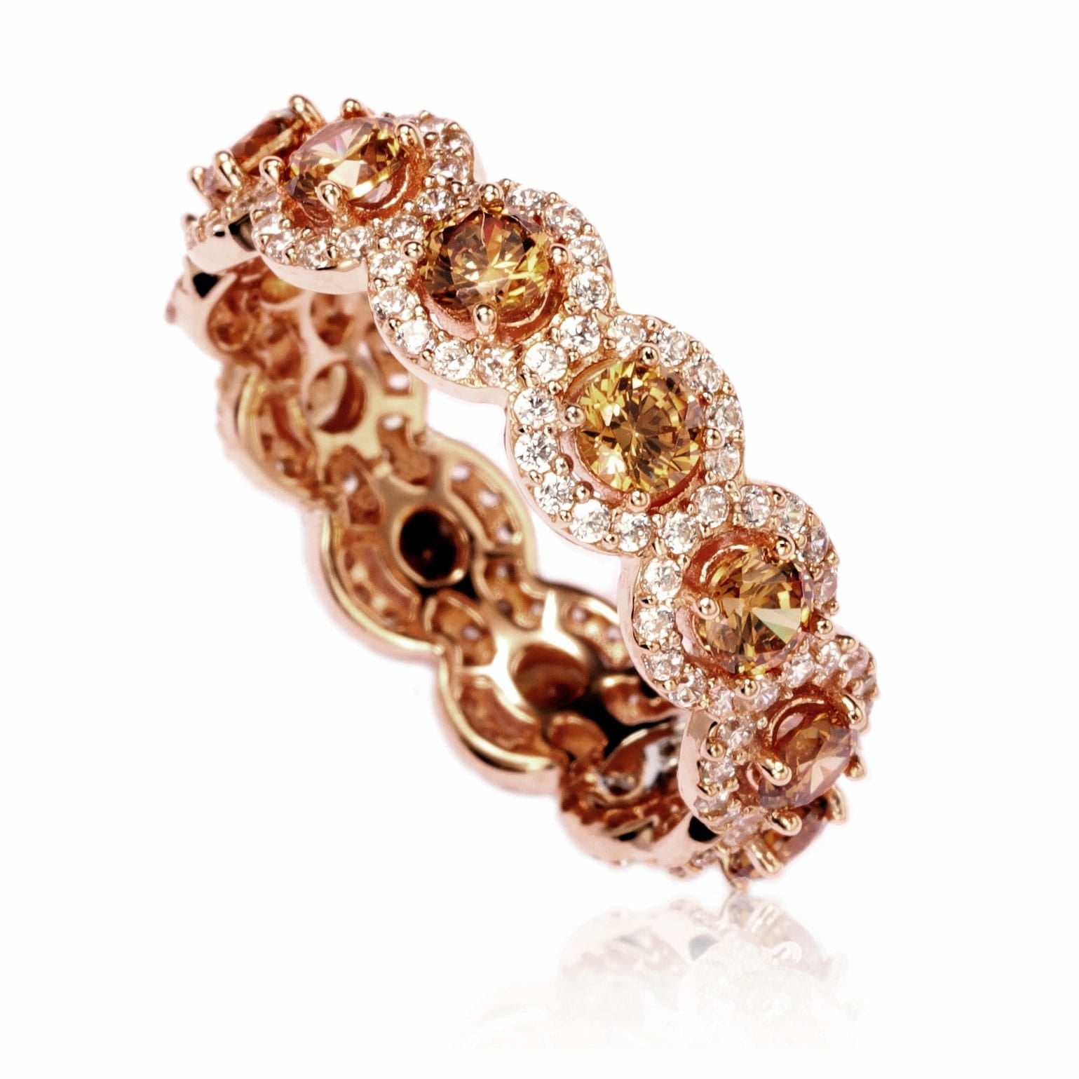 Rose Sterling Silver Cubic Zirconia Champagne Round Eternity Band
