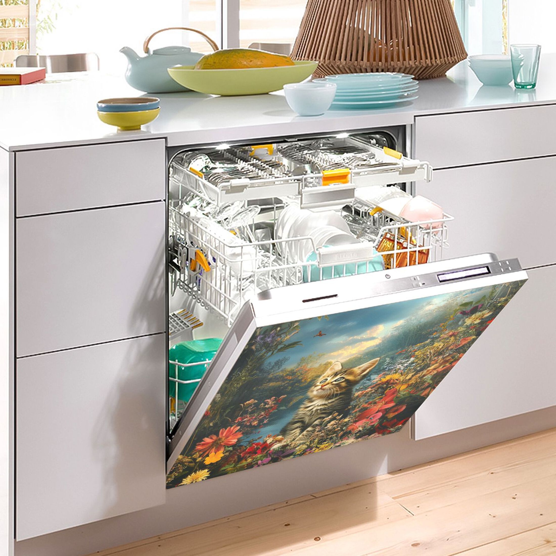 Dishwasher Magnetic Sticker 23x26 Inch Refrigerator Magnetic Sticker Washing Machine Magnetic Sticker Kitchen Panel Magnetic Sticker Home Decor Flower Sea Kitten