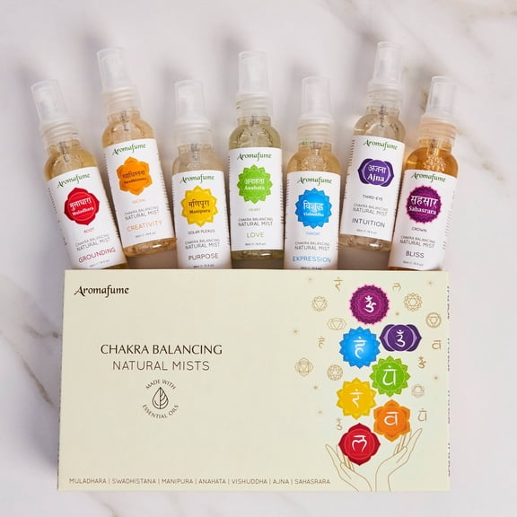 7 Chakra Essential Natural Mist Gift Set by Aromafume | 7 x 50ml / 0.17 Fl Oz | Sahasrara, Ajna, Vishuddha, Anahata, Manipura, Swadhisthana, Muladhara | Yoga, Meditation, Chakra Alignment | Gift Set