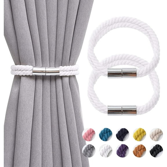 2 Pack Strong Magnetic Curtain Tiebacks Boho Decoration Drape Tie Backs Natural Cotton Handmade Double Rope Curtain Holdbacks for Thin or Thick Home & Office Window Drapery (White)
