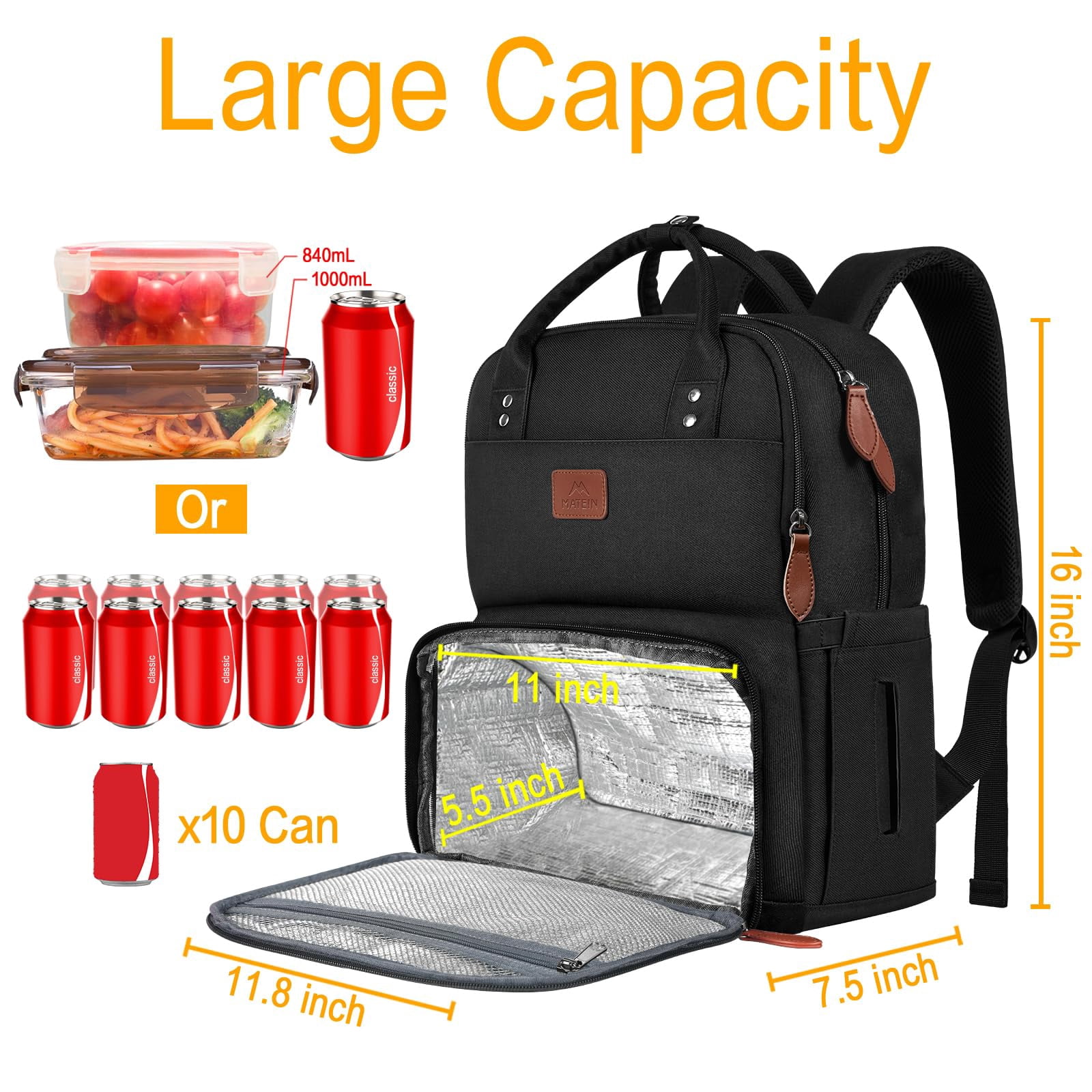 Matein 15.6in Laptop Backpack, Insulated Cooler Work Backpacks with Lunch Box for Men Women, Black