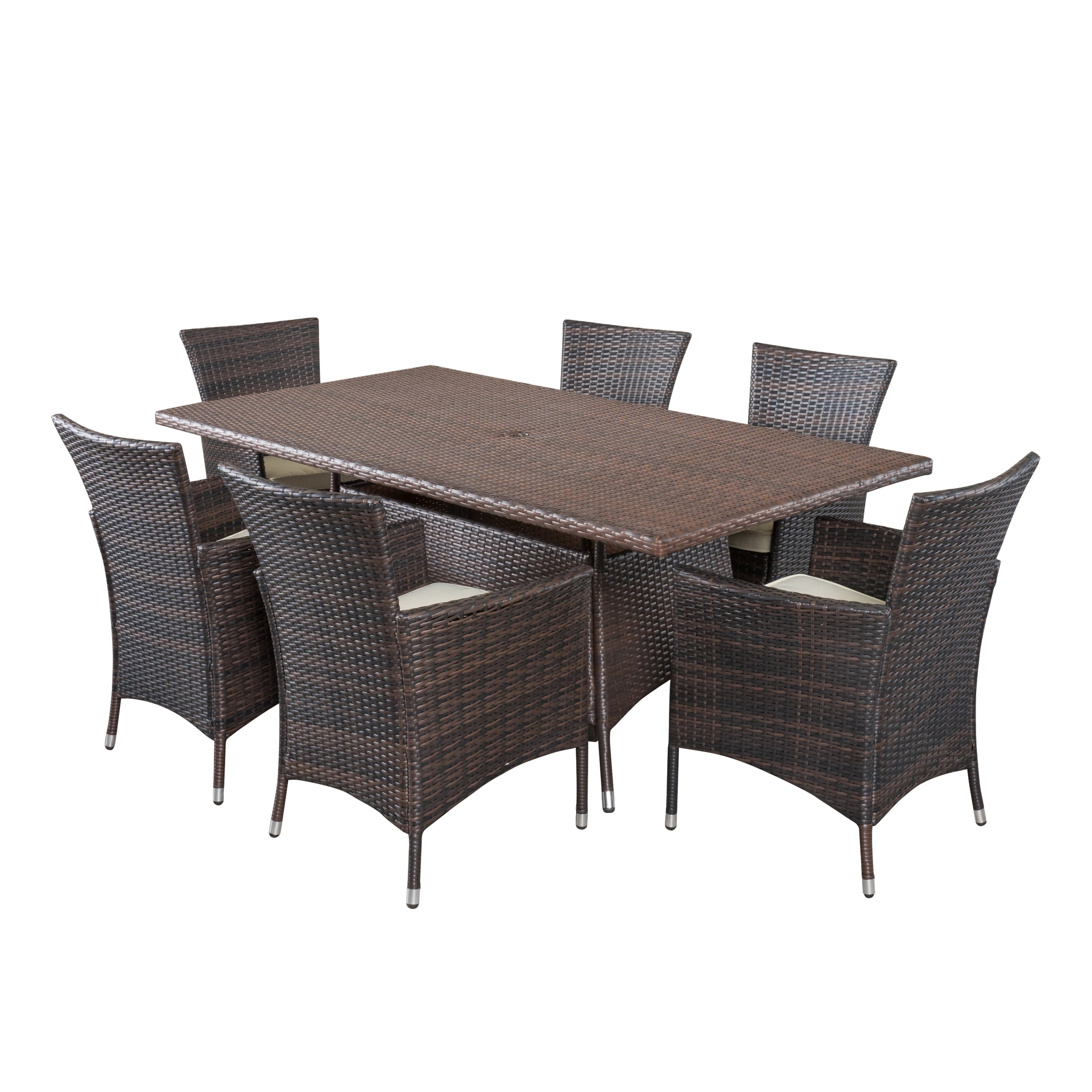 Hawawa Outdoor Transitional 7 Piece Wicker Dining Set with Water-Resistant Cushions, multibrown