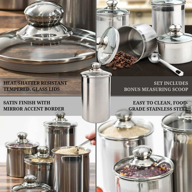 Airtight Canisters Sets for the Kitchen Counter - Stainless Steel Food  Storage Containers with Glass Lids for Tea, Coffee, Sugar, Flour - Baking  Dry