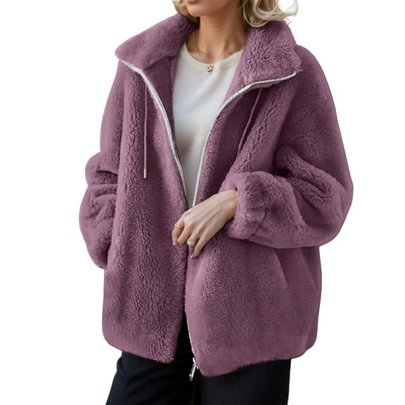 Nokdvo Women's Sherpa Jacket Winter Warm Fleece Zip Up Cardigan Standing Colla Long Sleeve Drawstring Casual Coats with Pockets,Purple XL