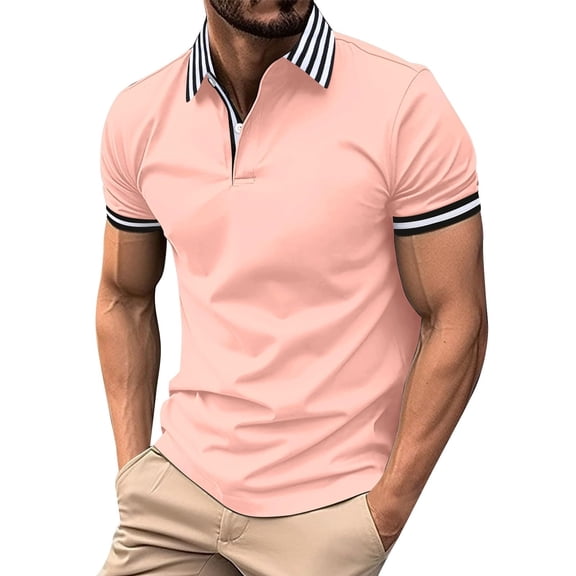 Telankuip Summer Mens Polo Shirts Stripe Color Blocking Button Standing Collar Short Sleeved Sports T Shirt Comfortable Slim Fit Breathable Fashion Tee for Daily Wear Pink XL