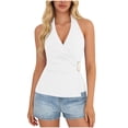 thumbnail image 2 of LEKWK Halter Tops for Women Slim Fit Wrap Front Sleeveless Tops Buckle Detail Tops Solid Chic Summer Party outfits, 2 of 8