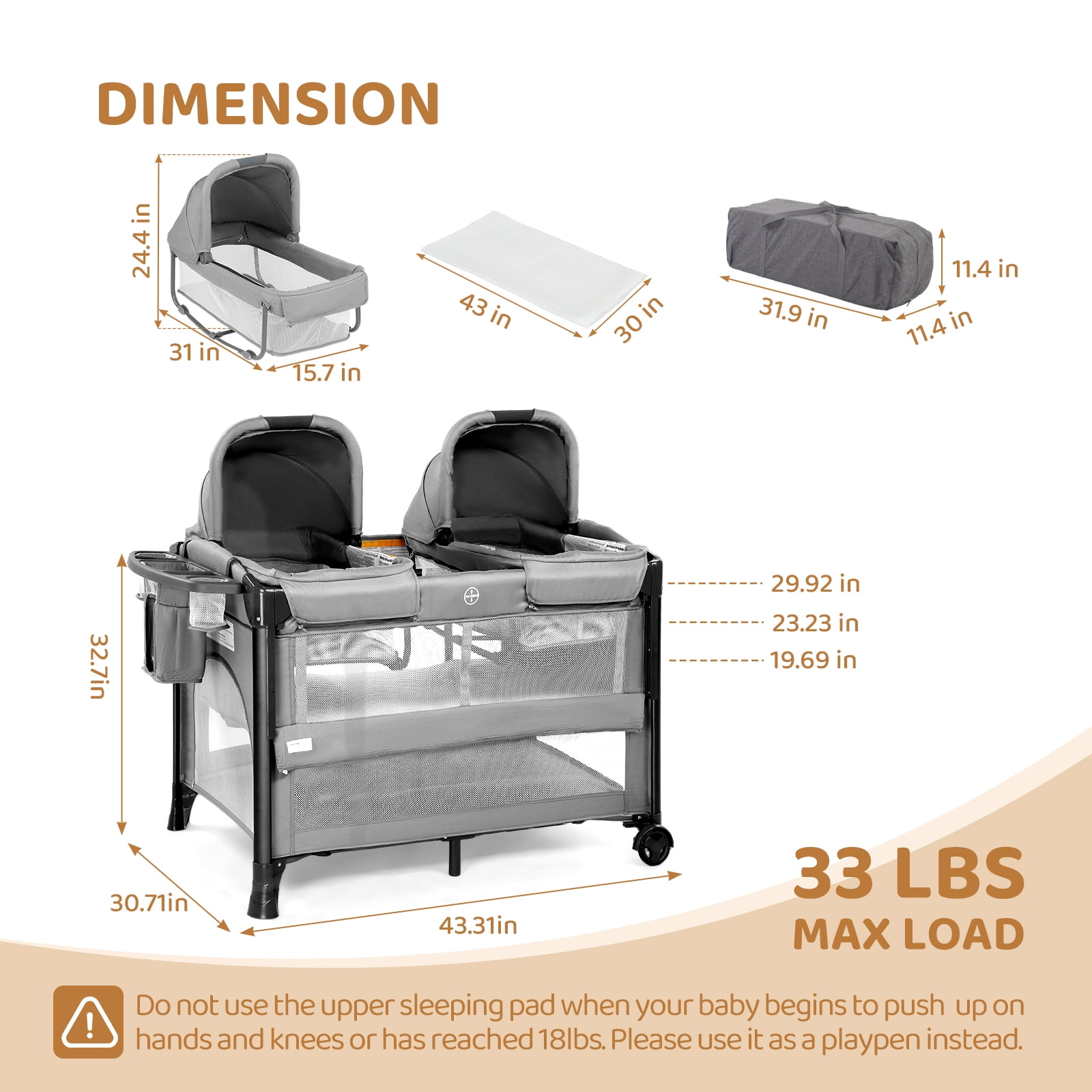 JOYMOR Twin Bassinet for Baby with Storage, Convertible to Crib Playpen, Unisex Infant Side Sleeper