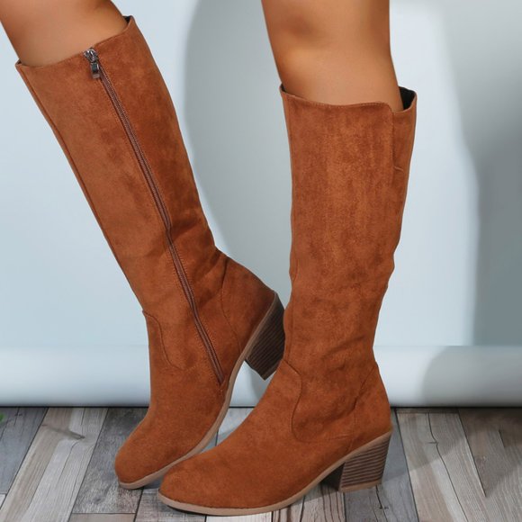 Fankiway Women's Suede High-Calf Boots Round Toe Thick Heel Boots for Women Fall Winter Fashion Comfortable Footwear Brown