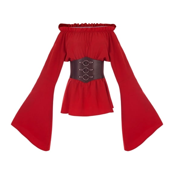 KICILVS Renaissance Shirt Women Solid Color Off Shoulder Flare Sleeve Blouse Corset Waist Ruched Hem Halloween Party Top Red