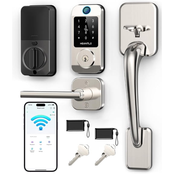 HEANTLE Wi-Fi Front Door Lock Set - Smart Locks for Front Door Built-in WiFi Keyless Entry Deadbolt with Handle Set Fingerprint Smart Electronic Deadbolt, Works with Alexa & Google Assistant Silver