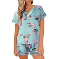 thumbnail image 4 of Women's Satin Pajamas Casual Comfy Printed V Neck Short Sleeve Tops and Shorts Lounge Sets Sleepwear Plus Size Pjs, 4 of 7