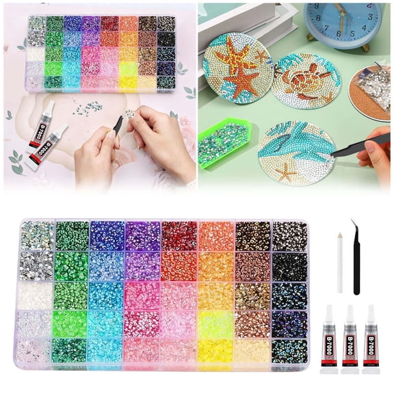 Junepar DIY Sparkling Gem Art Craft Set 32000Pcs Resin Gems with 3x B7000 Glue & Tweezers for Adults & Creative Gift