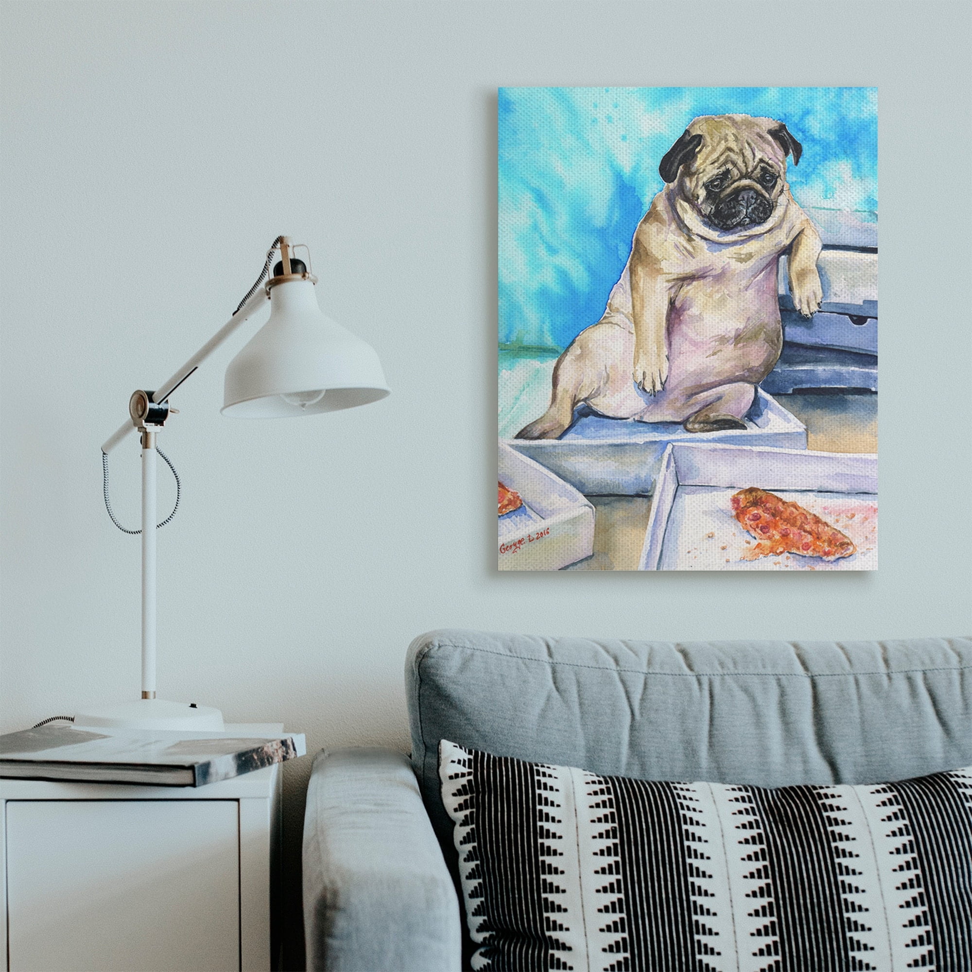 Stupell Industries Chubby Pug Dog with Pizza Boxes Pet Portrait Animals & Insects Painting Gallery Wrapped Canvas Art Print Wall Art, 30 x 40