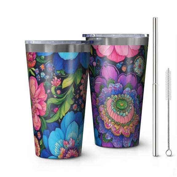 16oz Tumblers Colorful Floral Pattern Stainless Steel Vacuum Insulated Double Wall Travel Tumbler Cups Mug with Lid and Straw,Cleaning Brush for Coffee,Tea