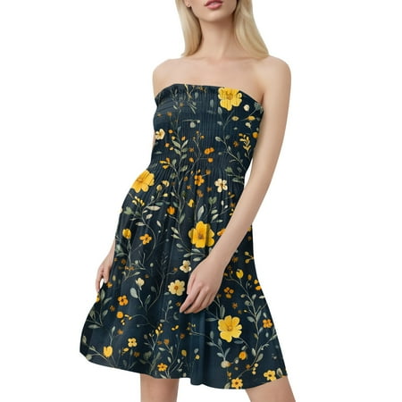 JGNGSHN Women s Summer Strapless Dress Flowy Trendy Smocked Tube Dresses Casual Beach Party Mini Boho Sundresses