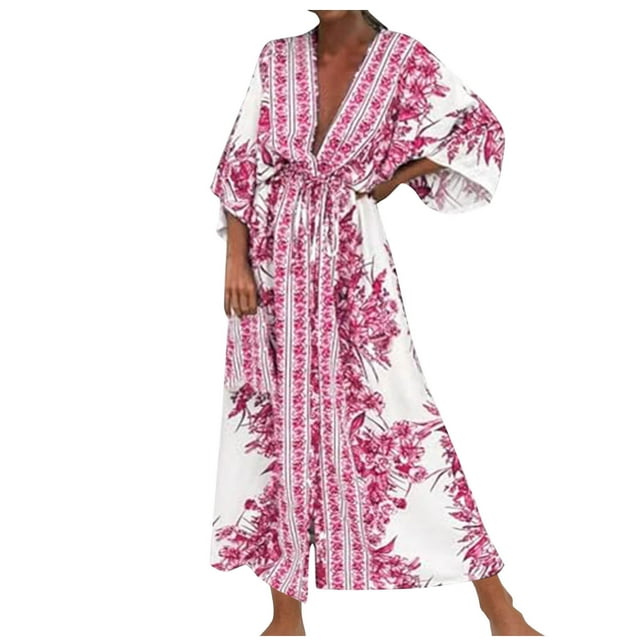 Birdeem Robe Longue d'Été pour Femmes Mode Imprimée Manches Longues Col en V Robe à Manches Longues pour Femmes