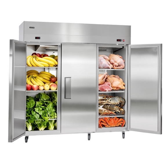 VEVOR Commercial Refrigerator and Freezer Combo 72"W, 51 Cu.Ft Stainless Steel Upright Freezer/Refrigerator with Three Doors, Auto-Defrost, 9 Adjustable Shelves, UL Certified