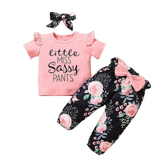 Mercatoo Toddler Clothes Baby Girl's Outfits Letter Print Short Sleeve Floral Pants Hairband 3PCS Set New Baby Bundle