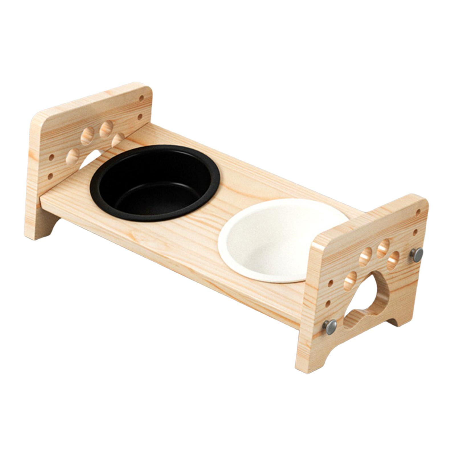 TOOYFUL Raised Cat Feeding Bowls Adjustable Height Double Ceramic Dish Space Saving Inclined 15 degree Versatile Wooden Frame Pet Feeder Black White Bowls