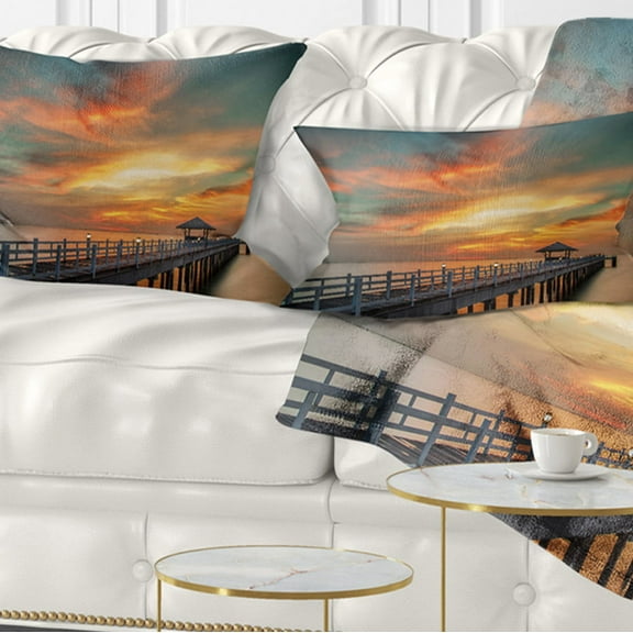 Designart Wooden Bridge under Wonderful Sky - Pier Seascape Throw Pillow - 12x20