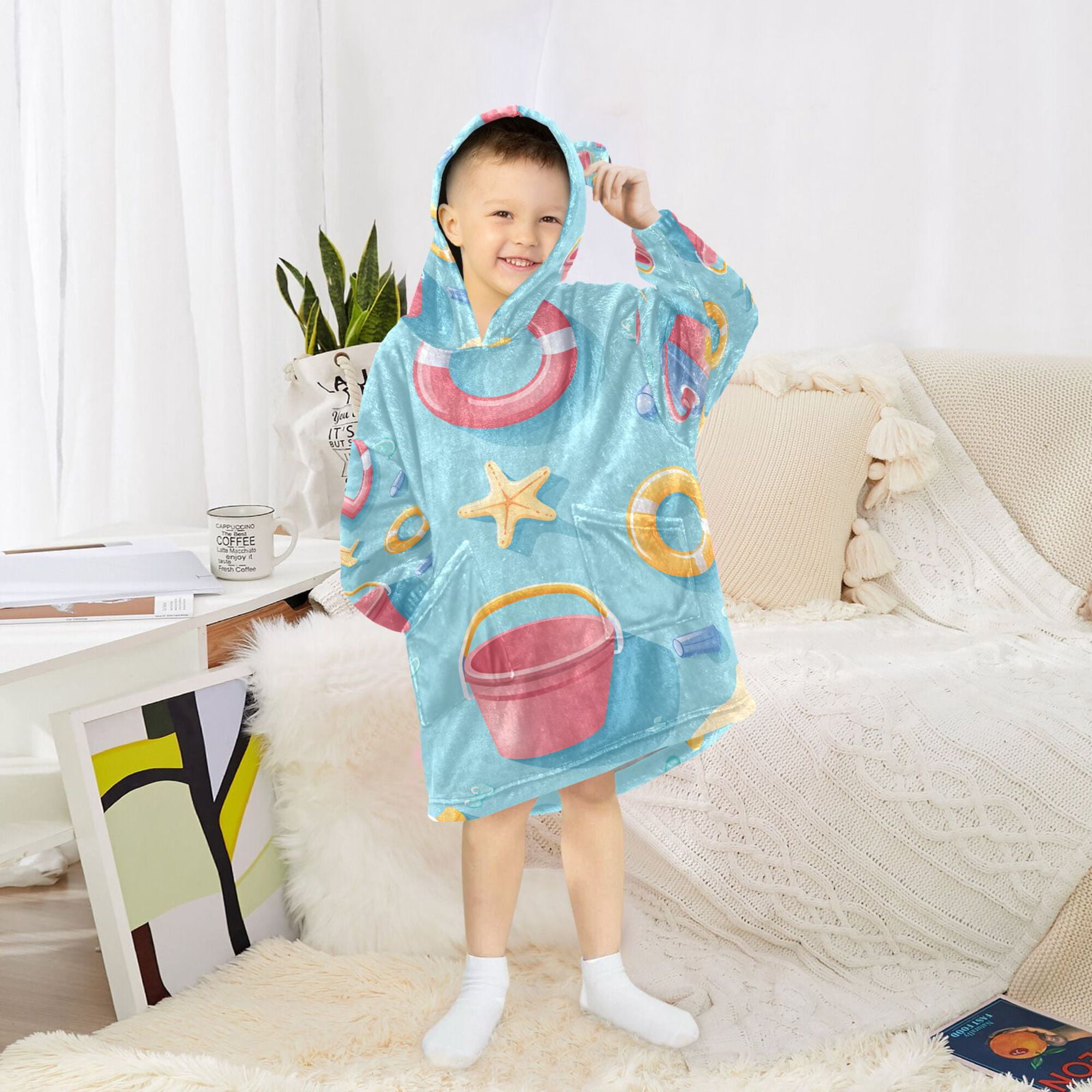 FORMRS Wearable Blanket Hoodie with Sleeves for Kids Cozy Flannel Sweatshirt, Pink Beach Toys Pattern