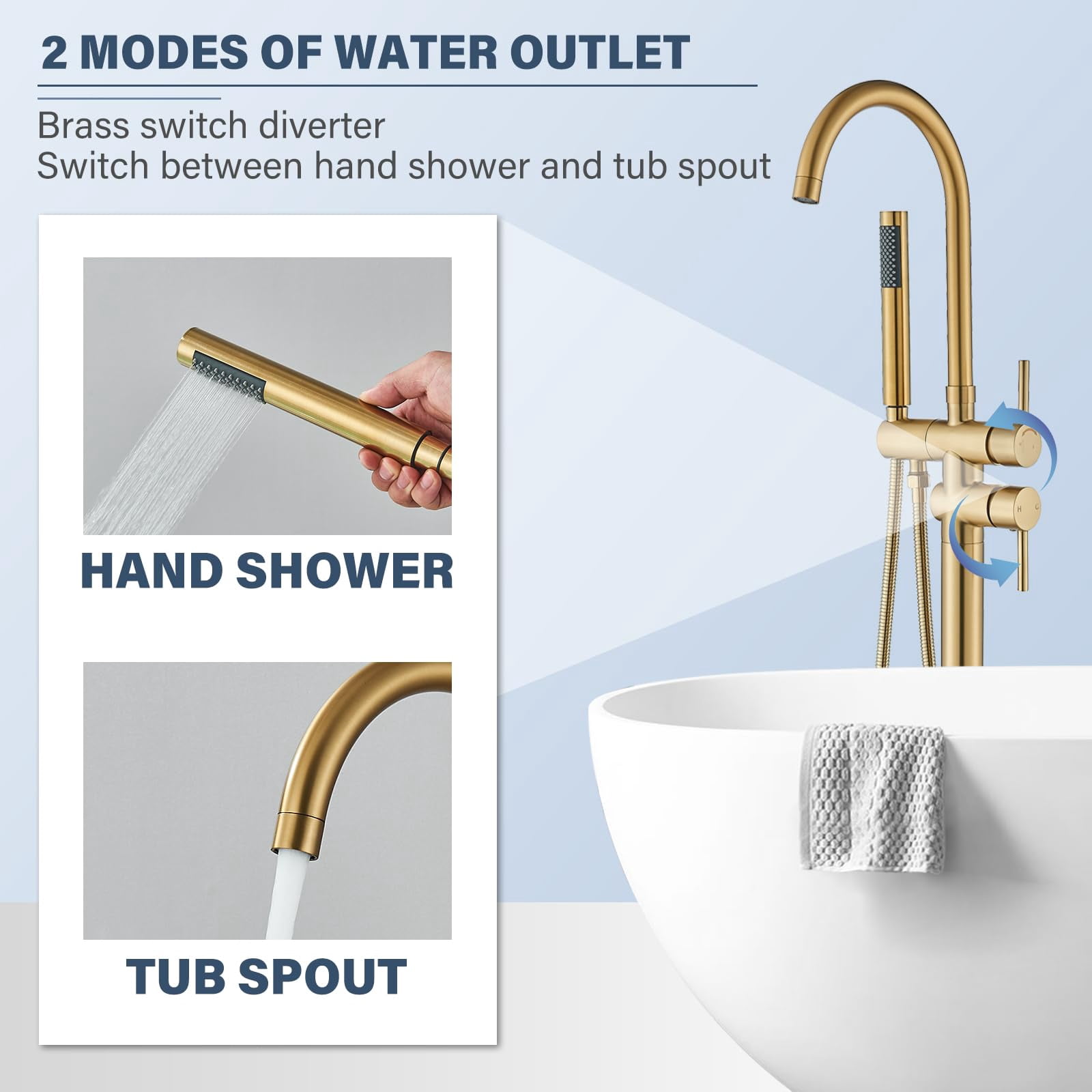 Freestanding Bathtub Faucet Brushed Gold High Arc Floor Mounted Solid Brass