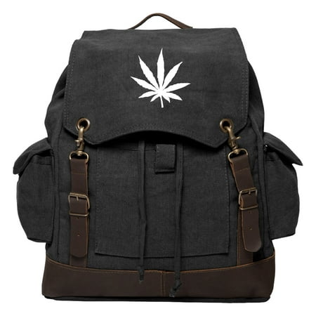 Marijuana Leaf Vintage Canvas Rucksack Backpack with Leather