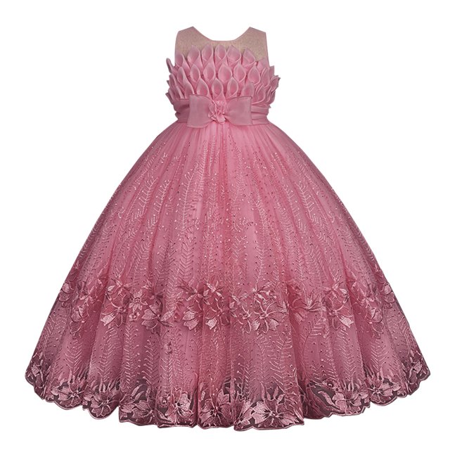 Filles Fleur Imprimé Bal Robe Élégante Tulle Noeud Ceinture Princesse Maxi Robe
