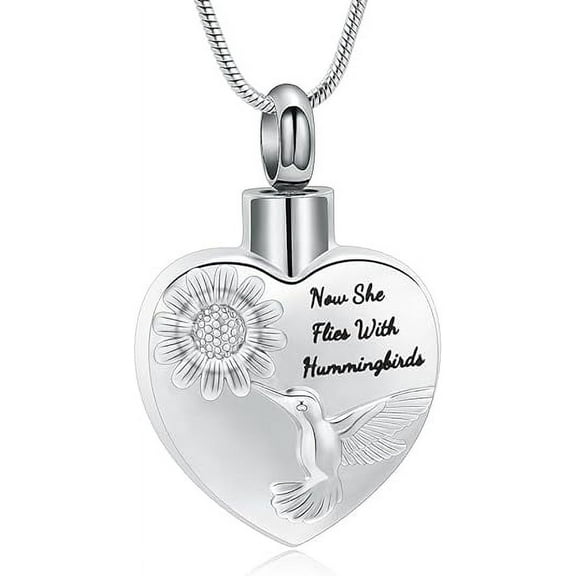 Heart Urn Necklace for Ashes Sunflower with Hummingbird Cremation Jewelry for Ashes Women Men Flower Memorial Ashes Pendant Keepsake Jewelry for Ashes