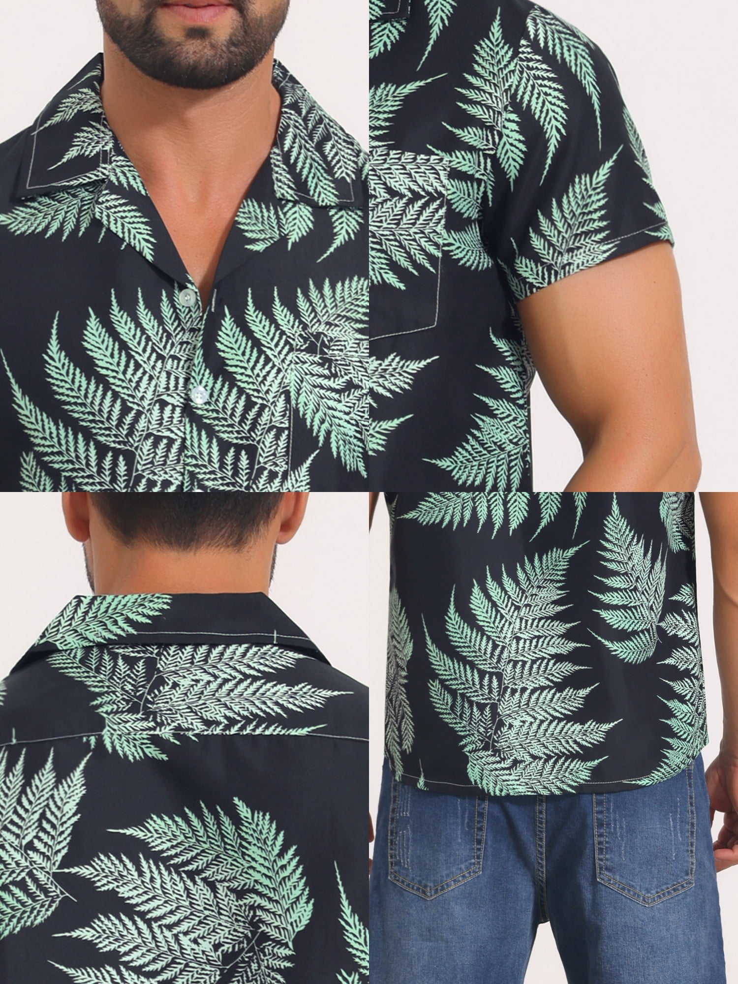DARING DIVA Men's Short Sleeve Button Down Camp Collar Leaf Print Shirts XL Black Green