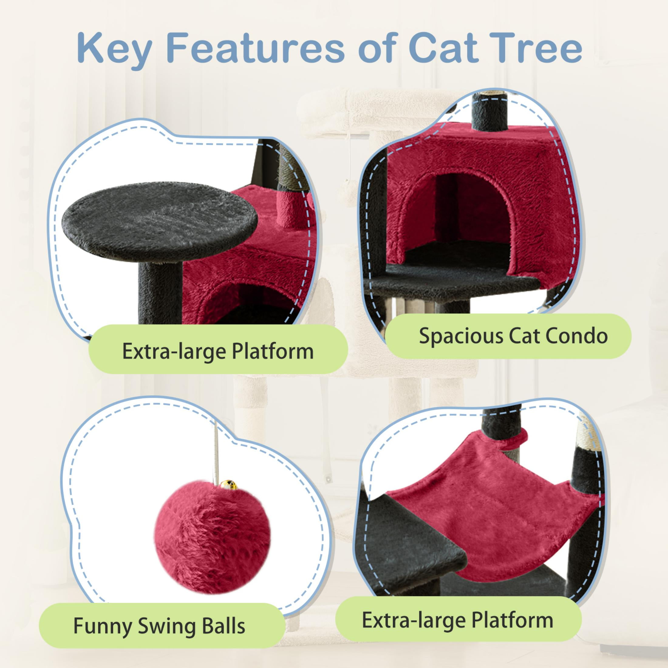 EDX 44" Cat Tree Tower for Indoor Cats, Multi-Level Durable Climbing Tower, Pet House with Natural Sisal Scratching Post, Cozy Condo, Extended Platform, Kitten Toy and Hammock, Black & Red