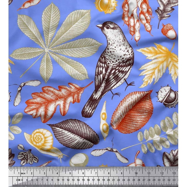 Soimoi Poly Georgette Fabric Bird & Leaves Print Fabric by the Yard 42 Inch Wide