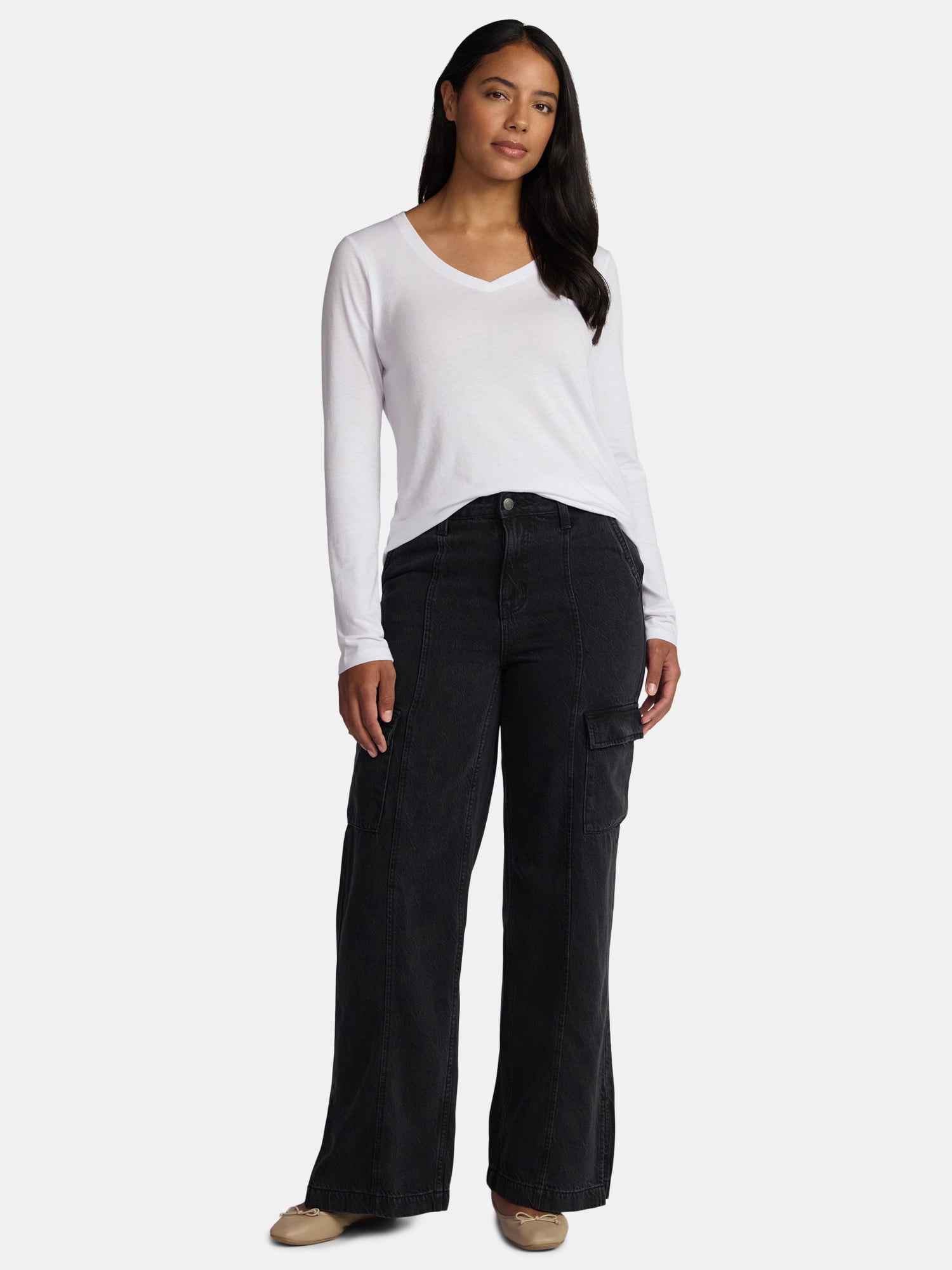 Time and Tru Women's Wide Leg Cargo Jeans, 31" Inseam, Sizes 0-20