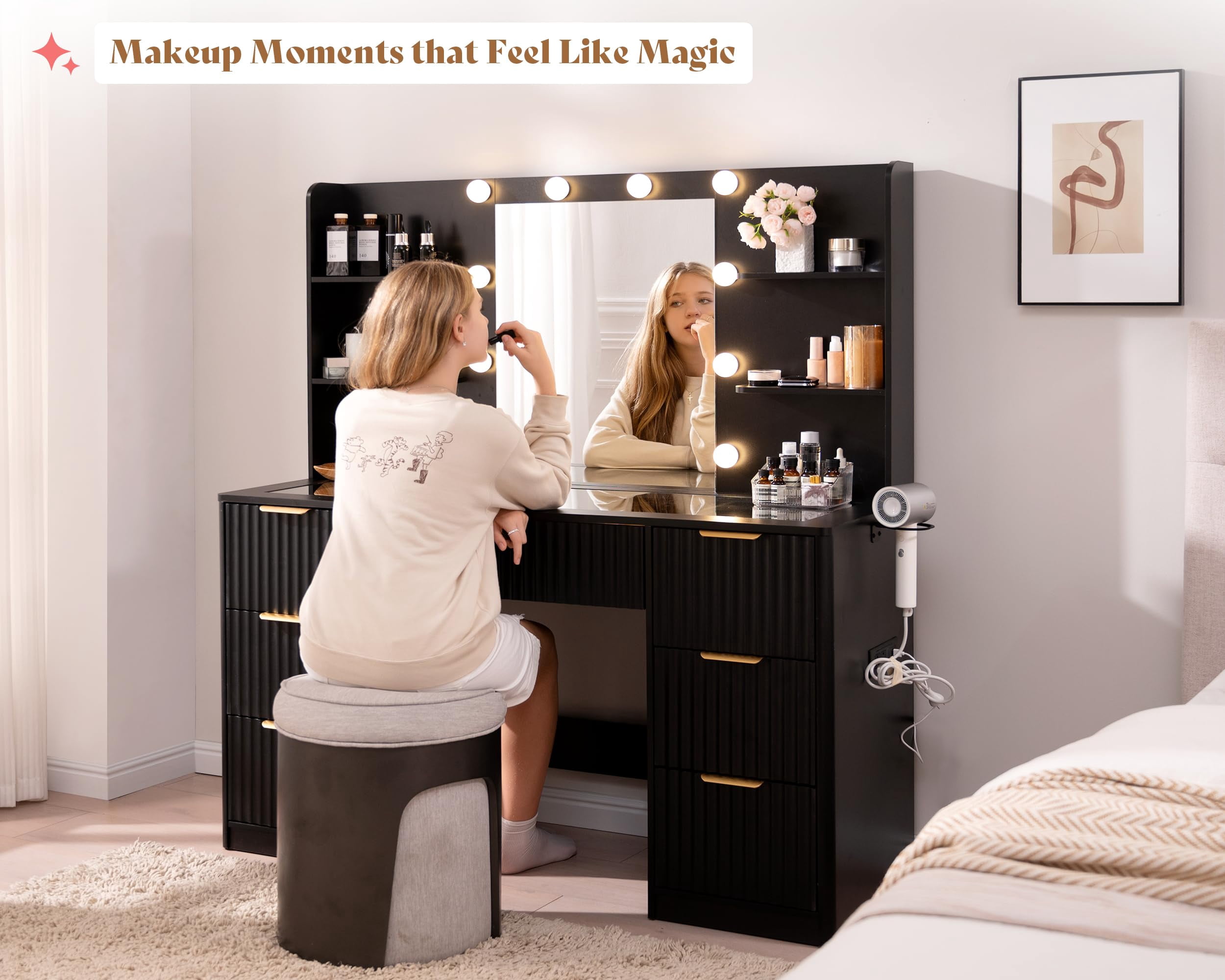 Merluxy 47.2" Girls Vanity Desk with Mirror and Adjustable LED Lights, 7 Drawers Makeup Table with Glass Top and Charging Station, Black