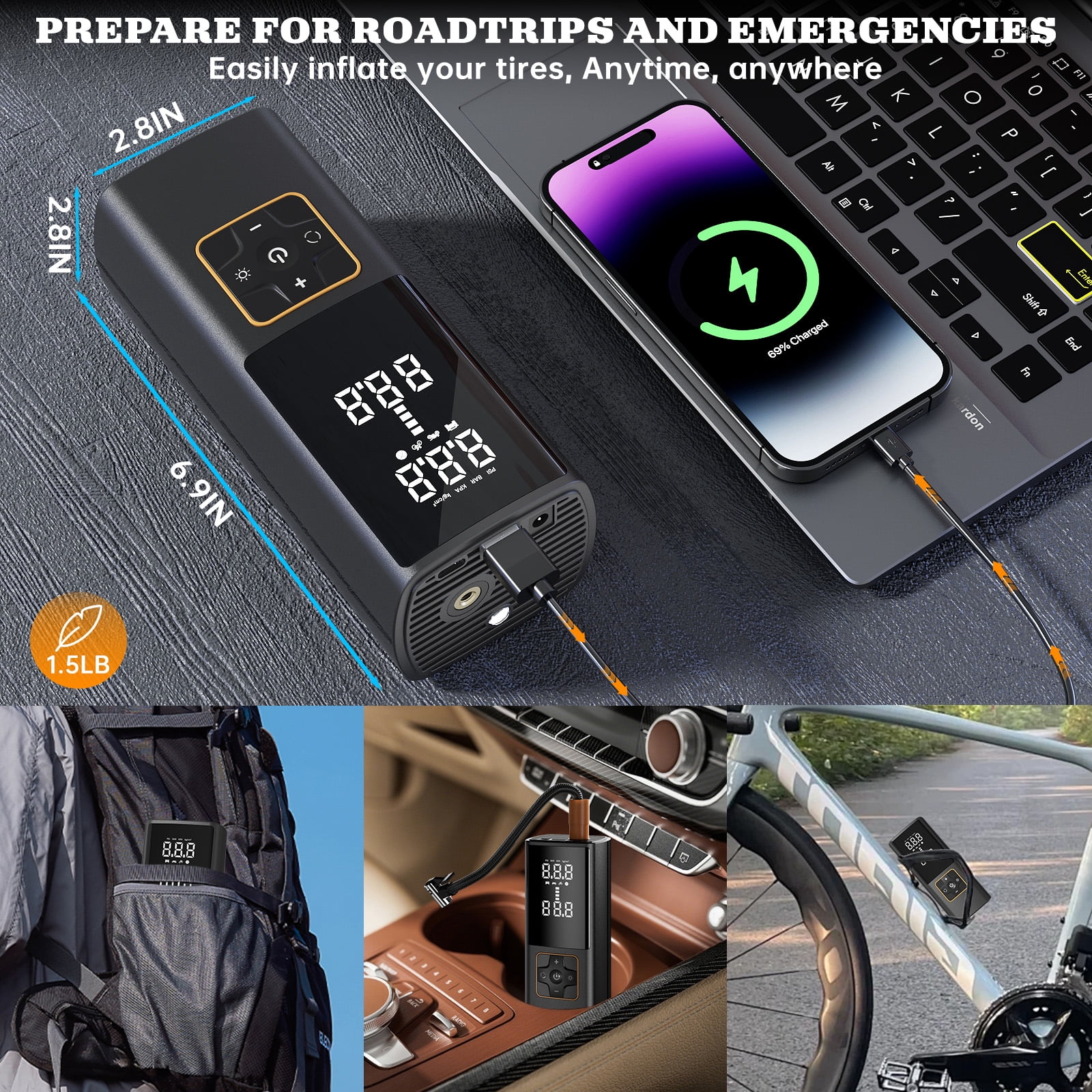 Tire Inflator Portable Air Compressor, 150PSI Portable Air Pump for Car Tires with Digital Pressure Gauge, Cordless Air Pump W/ Powerful Battery&Emergency LED Light for Cars, Bikes, Motorcycles,Balls