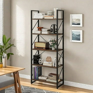 Uforic 5 Tier Bookshelf, 62" Industrial Open Bookcase Storage Organizer，Classic Ladder Bookshelf for Bedroom, Living Room and Home Office, Brown