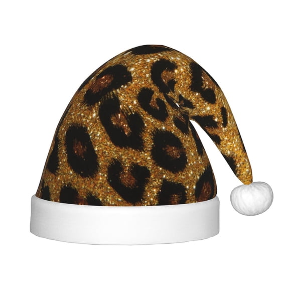 Fuzoiu Golden Leopard Glitter Print Santa Hat Christmas Hat for kids,Santa Hats with Pompom, Unisex Xmas Holiday Hat for Christmas New Year Festive Party Supplies