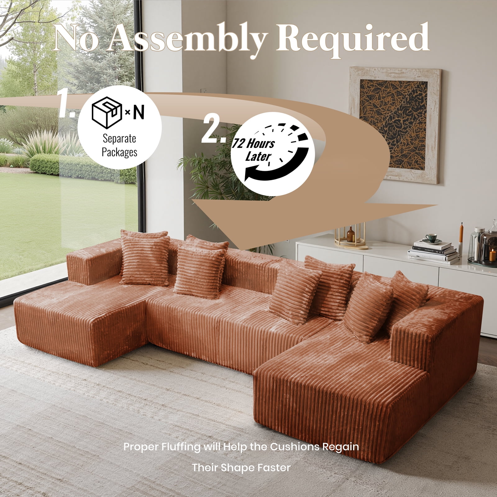 Kelyda 130'' U Shaped Sectional Couches, Modern Deep Seat Foam Boneless Cloud Sofa for Living Room Brown