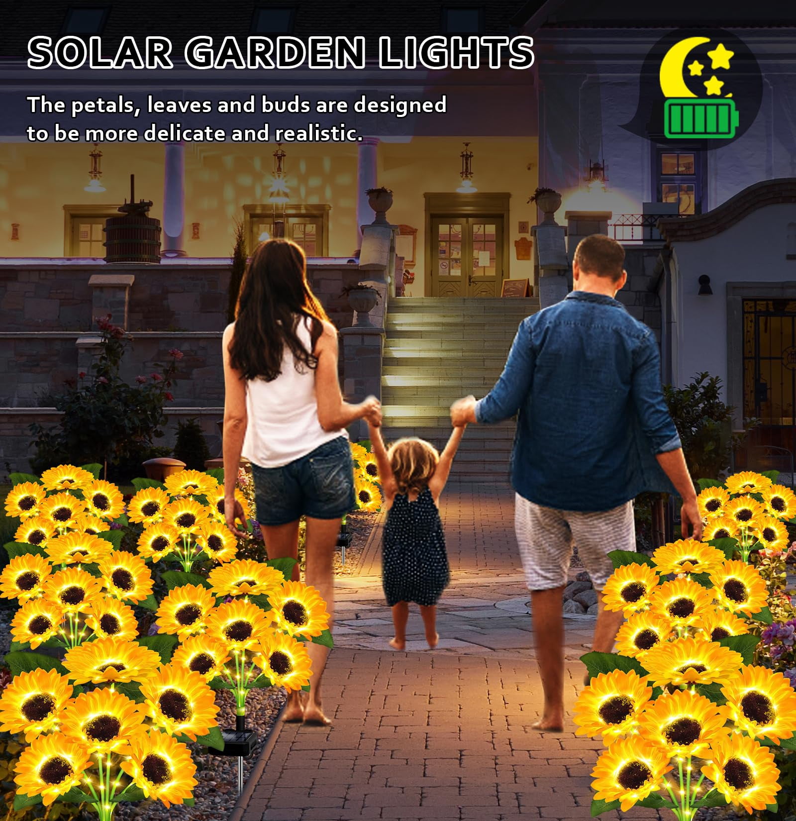 4 Pack with 24 Solar Sunflower Lights Outdoor Waterproof, Bright Solar Sunflower Lights for Lawn Yard Pathway