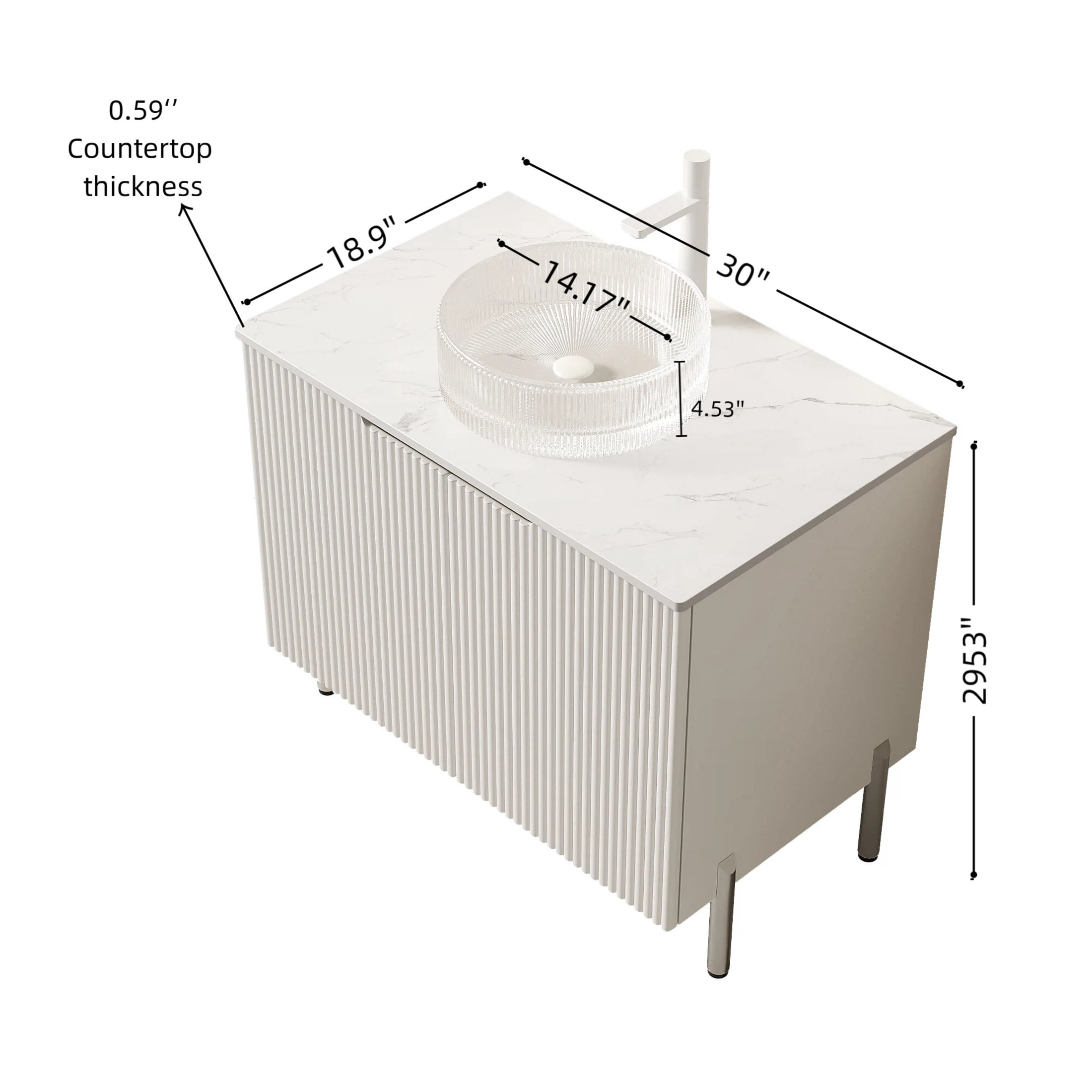 Noble House TURIO 30" Bathroom Vanity with Sintered Stone Countertop, Storage Cabinet, Clear Glass Round Basin, White